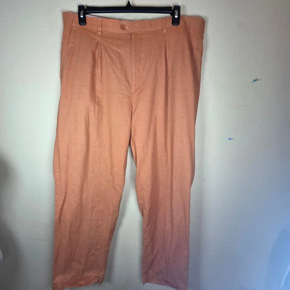 Steve Harvey Celebrity Mens coastal rust Orange Linen Cotton Pleated Pants